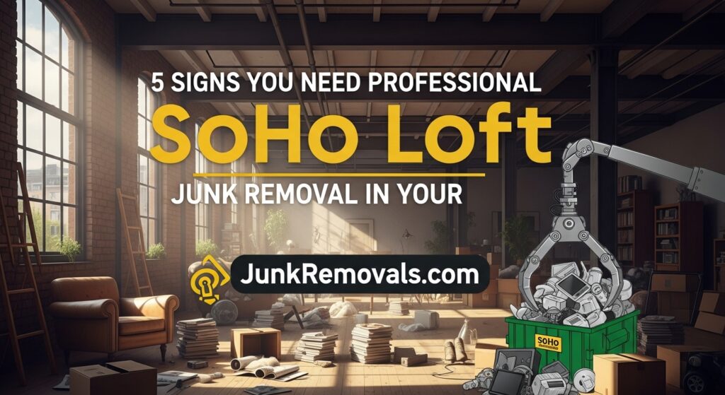 A detailed and descriptive image for a guide about the 5 signs that indicate a need for professional junk removal in a SoHo loft, featuring the JunkRemovals.com logo. The image shows the article's title clearly against a clean, modern background that evokes the stylish, minimalist aesthetic of a SoHo loft. This alt text is highly optimized for search engines and accessibility by specifying the content's format (a numbered list of signs), the target audience (SoHo loft residents), and the service (professional junk removal), reinforcing the company's expertise in providing tailored solutions for high-end, architecturally unique residential spaces.