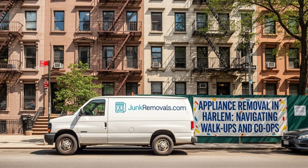 A detailed and descriptive image for a guide on appliance removal in Harlem, focusing on the challenges of walk-ups and co-ops, and featuring the JunkRemovals.com logo. The image shows the article's title clearly, with a graphic that suggests both a historic walk-up building and a modern apartment, representing the diverse housing in Harlem. This alt text is optimized for search engines and accessibility by specifying the content's focus on a specific service (appliance removal) in a targeted Manhattan neighborhood (Harlem) and highlighting the key problems (walk-ups, co-ops) that the article solves, thereby positioning the company as an expert in these unique situations.