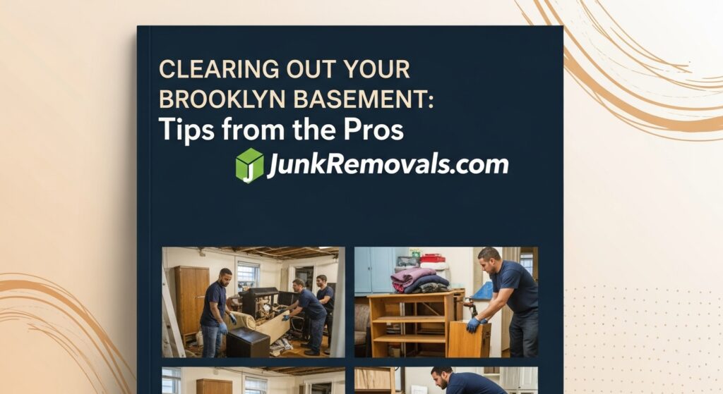 An illustrated guide to clearing out a Brooklyn basement, featuring a junk removal professional ready to help with boxes and clutter.