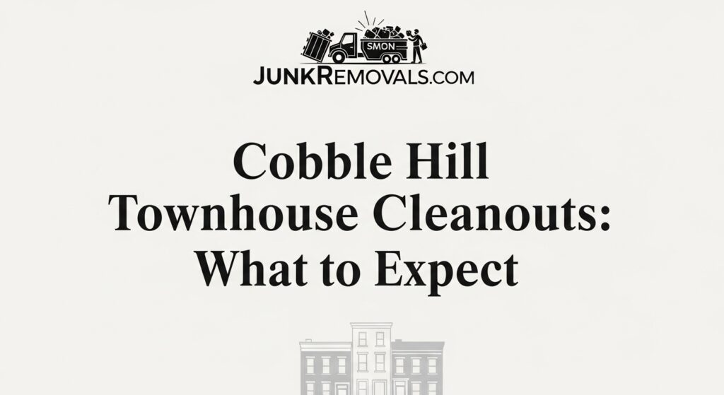 A highly descriptive and SEO-optimized image for an article about Cobble Hill townhouse cleanouts, featuring the JunkRemovals.com logo above the title. The image includes a stylized, minimalist graphic of a classic Cobble Hill townhouse, immediately signaling the article's focus on this specific type of property. This alt text is designed to provide maximum context for search engines and accessibility tools, clearly communicating that the content is a professional guide ("What to Expect") for a specialized service (townhouse cleanouts) in a targeted, high-value Brooklyn neighborhood (Cobble Hill), reinforcing the expertise of the junk removal service.