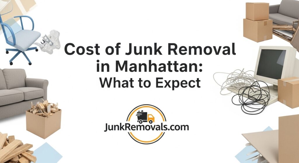 A detailed and descriptive image for a 2025 price guide on the cost of junk removal in Manhattan, featuring the JunkRemovals.com logo. The image is a collage that visually represents the variety of items typically removed, including an office chair, a sofa, cardboard boxes, an old CRT monitor, and tangled wires. This alt text is highly optimized for search engines and accessibility by clearly stating the article's purpose (a price guide), the service (junk removal), and the specific, high-value location (Manhattan), reinforcing the company's role as a transparent and informative resource for potential customers.