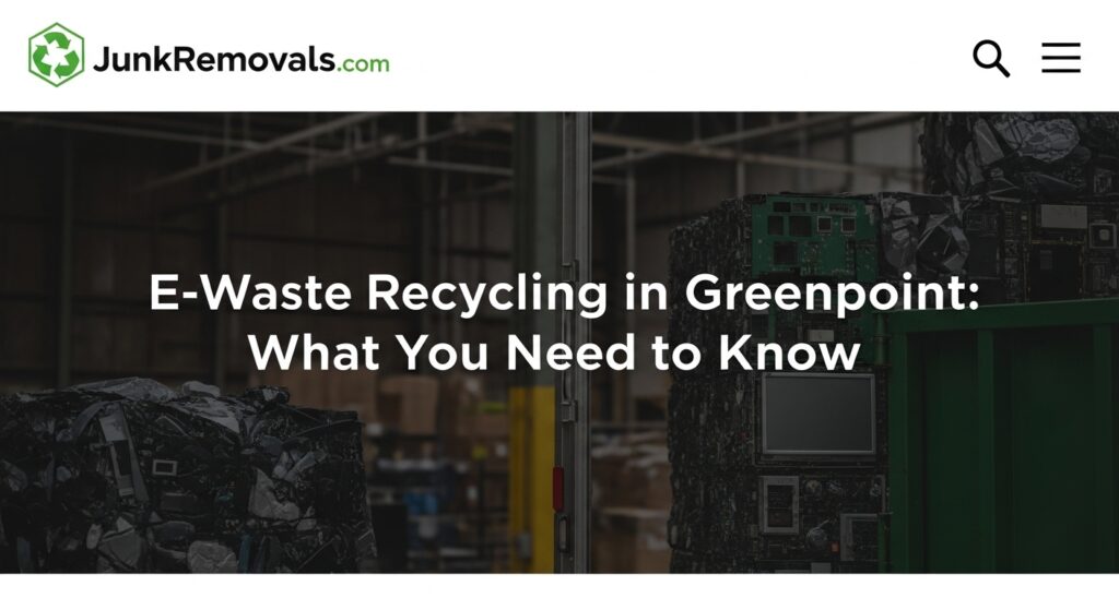 An illustrated guide to e-waste recycling in Greenpoint, showing a junk removal professional with old electronics like a TV and computer.