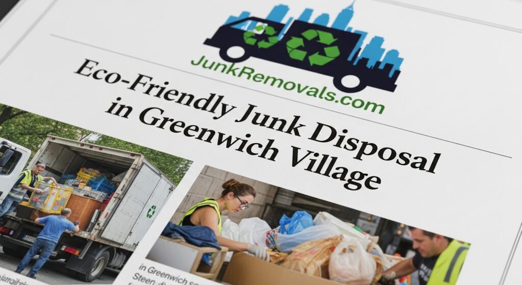 A detailed and descriptive image for a guide on eco-friendly junk disposal in Greenwich Village, featuring the JunkRemovals.com logo. The image shows the article's title clearly, with a design that incorporates green, leaf-like accents to visually represent the theme of sustainability and environmental responsibility. The overall aesthetic is clean and sophisticated, designed to appeal to the discerning residents of a historic and culturally significant neighborhood like Greenwich Village. This alt text is optimized for search engines and accessibility by specifying the service (eco-friendly junk disposal), the target location (Greenwich Village), and the core message (sustainability), reinforcing the company's commitment to responsible practices.