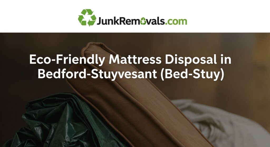 An old mattress sealed in a green disposal bag, ready for eco-friendly mattress disposal in Bedford-Stuyvesant.
