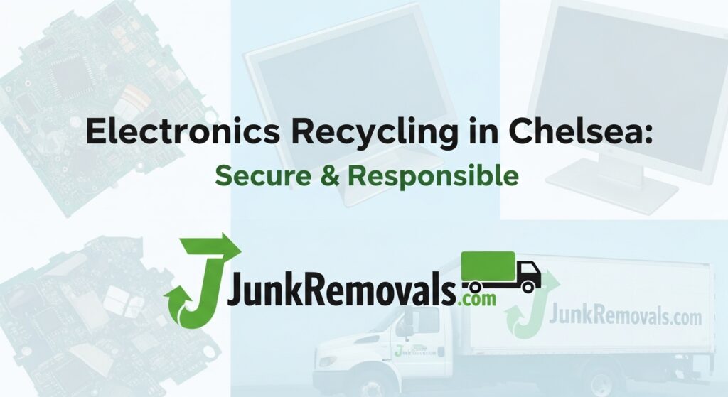 A detailed and descriptive image for a guide on secure and responsible electronics recycling in Chelsea, Manhattan, featuring the JunkRemovals.com logo and truck. The image collage includes a motherboard, computer monitors, and other electronic components, visually representing the core topic of e-waste. The clean, modern design is tailored to a tech-savvy audience in a neighborhood like Chelsea. This alt text is highly optimized for search engines and accessibility by clearly identifying the service (electronics recycling), the key benefits (secure, responsible), and the specific target location (Chelsea), reinforcing the company's specialization in handling sensitive materials safely and legally.