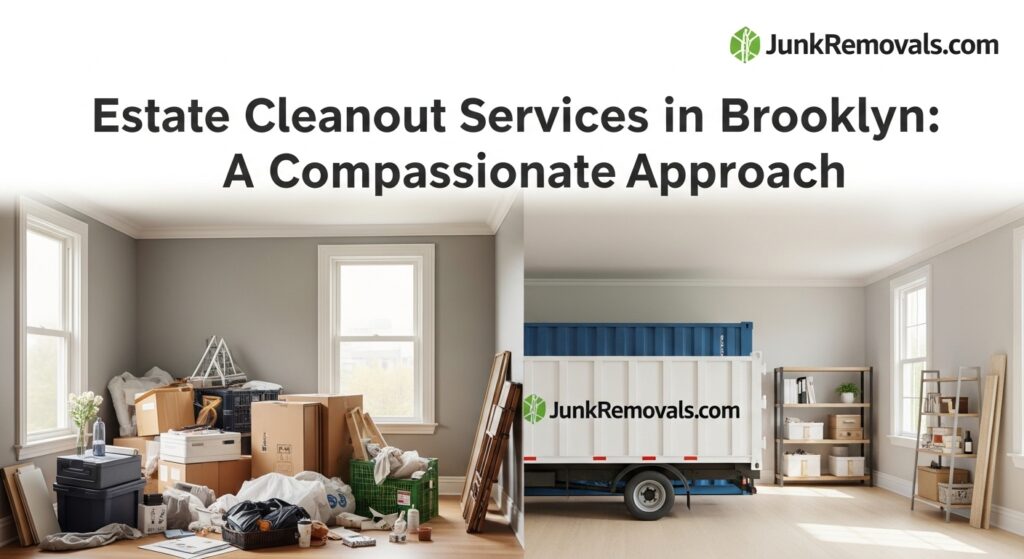 An illustrated guide to compassionate estate cleanout services in Brooklyn, showing a caring professional ready to help.