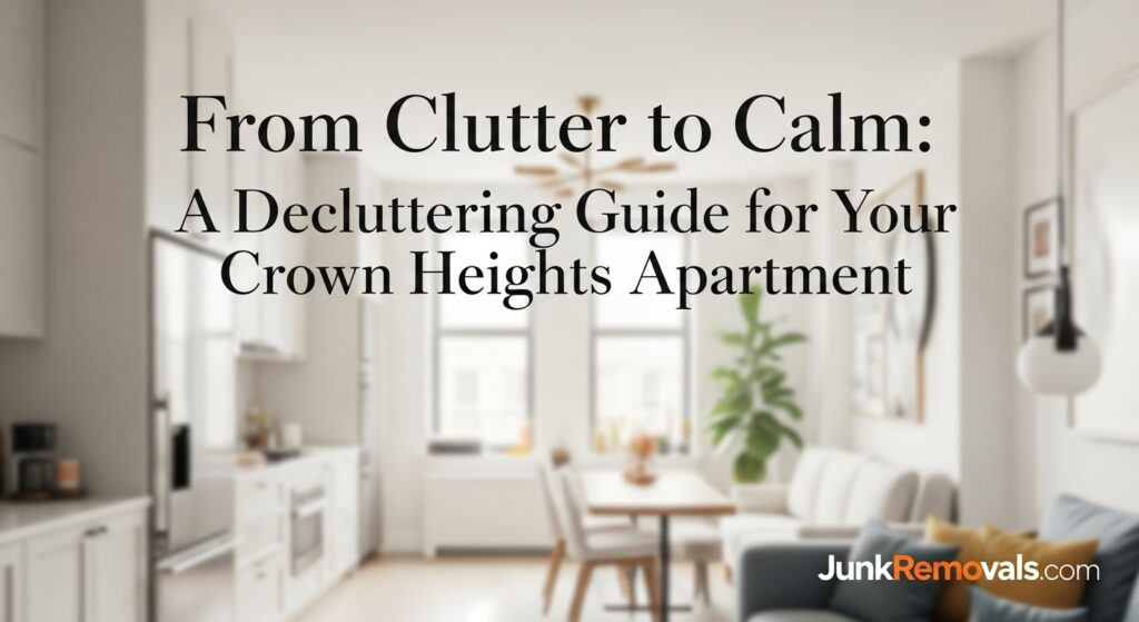 An illustrated guide to decluttering a Crown Heights apartment, with the title "From Clutter to Calm."
