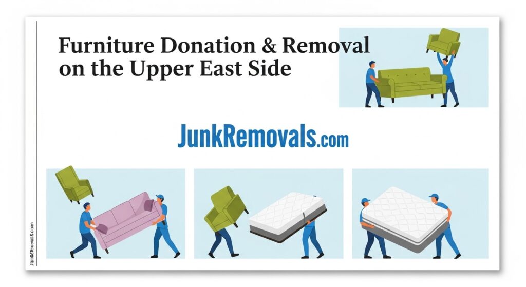 A detailed and descriptive image for a guide on furniture donation and removal services on the Upper East Side, featuring the JunkRemovals.com logo. The image shows the article's title clearly, with a sophisticated and clean design that appeals to the Upper East Side aesthetic. This alt text is optimized for search engines and accessibility by specifying the content's focus on both the charitable aspect (donation) and the practical service (removal) in a specific, high-value Manhattan neighborhood, reinforcing the company's expertise in handling valuable items and navigating the challenges of luxury buildings.