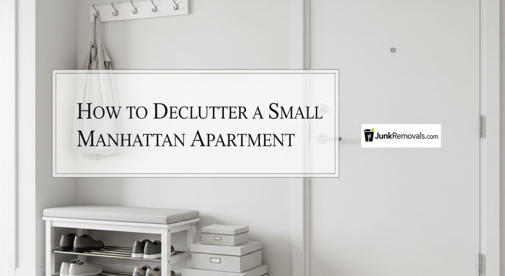 A detailed and descriptive image for a guide on how to declutter a small Manhattan apartment, featuring the JunkRemovals.com logo. The image shows the article's title clearly, with a stylized graphic of a neat and organized apartment, visually representing the "calm" that results from a successful decluttering project. This alt text is optimized for search engines and accessibility by specifying the content's focus on providing a practical guide for a common problem (clutter) in a specific, high-density urban environment (a small Manhattan apartment), reinforcing the company's role as a solution provider for city dwellers.