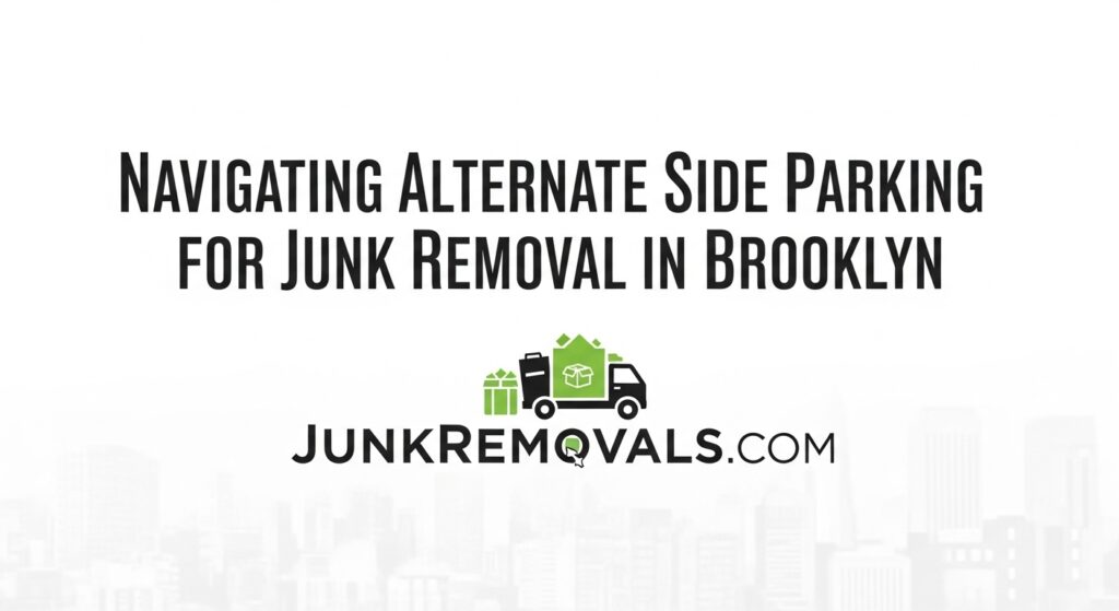 A detailed and descriptive illustration for a guide on navigating Alternate Side Parking for junk removal in Brooklyn. The image features a professional junk removal truck from JunkRemovals.com skillfully parked on a classic, tree-lined Brooklyn street. In the background, an iconic brownstone and a clearly visible Alternate Side Parking sign highlight the specific challenges discussed in the article. This image visually represents the solution to the common problem of finding legal parking for a large vehicle during a cleanout in a dense urban environment like Brooklyn.