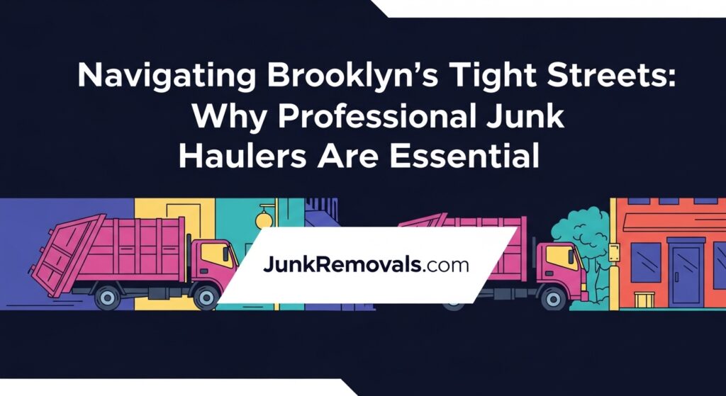 An illustrated guide to navigating Brooklyn's tight streets for junk removal, showing a professional junk removal truck.
