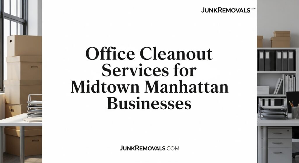 A detailed and descriptive image for a professional guide on office cleanout services in Midtown Manhattan, featuring the JunkRemovals.com logo. The image shows the article's title clearly, set against a backdrop that evokes a professional, corporate setting, instantly signaling the B2B focus of the content. This alt text is optimized for search engines and accessibility by specifying the target audience (Midtown Manhattan businesses) and the service (office cleanouts), highlighting the company's expertise in handling complex commercial junk removal projects in a premier business district.