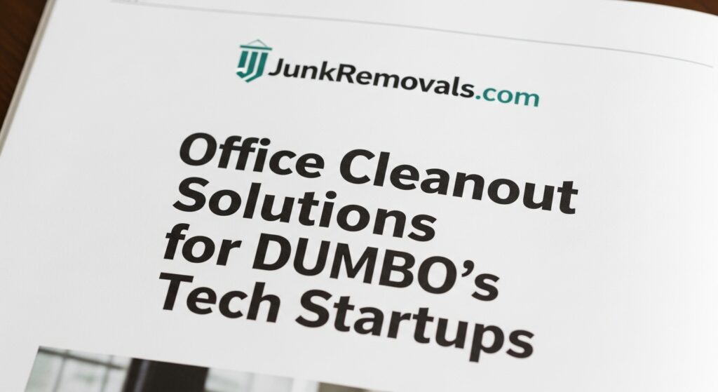 A professional document titled "Office Cleanout Solutions for DUMBO's Tech Startups" with the JunkRemovals.com logo.