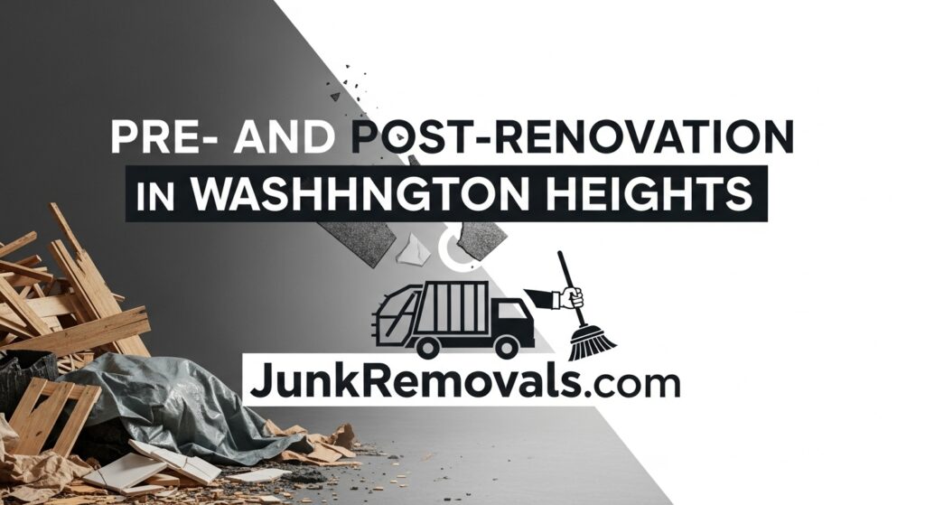 A detailed and descriptive image for a guide on pre- and post-renovation cleanups in Washington Heights, featuring the JunkRemovals.com logo and a graphic of a junk truck and broom. The image shows a pile of construction debris, including wood scraps and drywall, visually representing the core topic. This alt text is highly optimized for search engines and accessibility by specifying the service (pre- and post-renovation cleanups), the target location (Washington Heights), and the solution offered (professional junk and debris removal), reinforcing the company's expertise in all stages of the renovation cleanup process.