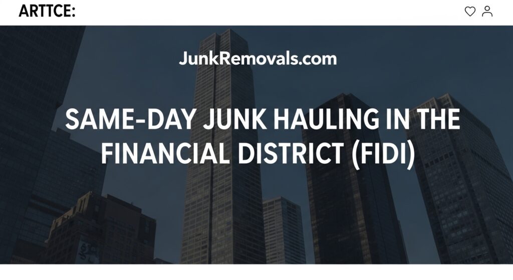 A detailed and descriptive image for a guide on same-day junk hauling services in the Financial District (FiDi), featuring the JunkRemovals.com logo. The image shows the article's title clearly, with a dynamic and professional design that reflects the speed and corporate nature of FiDi. This alt text is optimized for search engines and accessibility by specifying the service (same-day junk hauling), the target location (Financial District), and the key benefit (speed and efficiency), reinforcing the company's expertise in providing urgent, reliable solutions in a high-stakes commercial and residential environment.