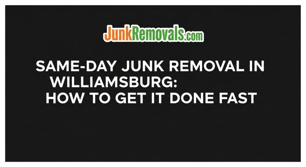 An illustrated guide for same-day junk removal in Williamsburg, featuring a friendly junk removal expert pointing to a clock.
