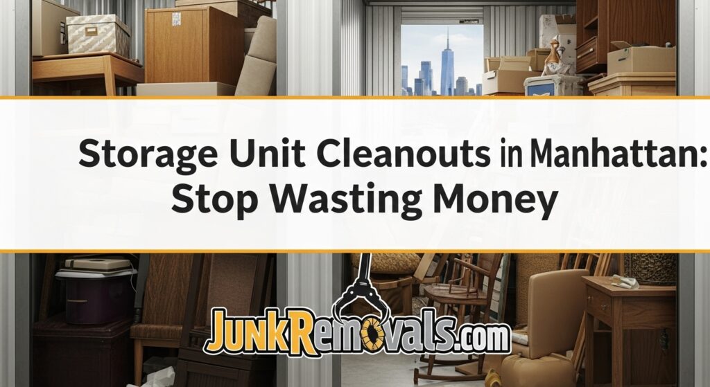 A detailed and descriptive image for a guide on storage unit cleanouts in Manhattan, with the JunkRemovals.com logo. The image collage shows the interior of a cluttered storage unit filled with boxes, furniture, and miscellaneous items, with a view of the Manhattan skyline visible through the open door, clearly connecting the problem of storage clutter with the specific, high-cost location. This alt text is highly optimized for search engines and accessibility by specifying the service (storage unit cleanouts), the target market (Manhattan), and the core message of the article ("Stop Wasting Money").
