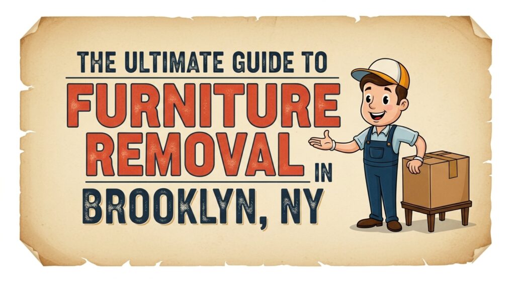 An illustrated guide cover for furniture removal in Brooklyn, NY, featuring a friendly junk removal professional.