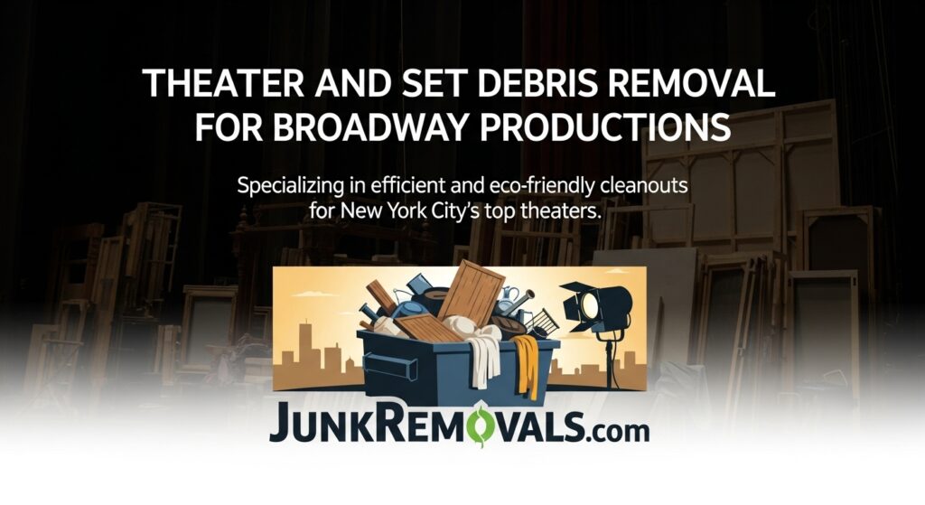 A detailed and descriptive image for a guide on theater and set debris removal for Broadway productions, featuring the JunkRemovals.com logo. The image shows a professionally designed graphic with the article title and a tagline, "Specializing in efficient and eco-friendly cleanouts for New York City's top theaters." An illustration of a dumpster filled with theatrical debris, including a stage light, is set against a backdrop of stacked set flats, perfectly capturing the article's B2B focus. This alt text is highly optimized for search engines by specifying the niche service (theater and set debris removal), the target market (Broadway productions), and the key benefits (efficiency, eco-friendly), reinforcing the company's expertise in this specialized field.